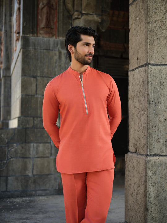 Men’s Cotton-Linen Co-ord Set – Tattva Fire (Rust Orange)