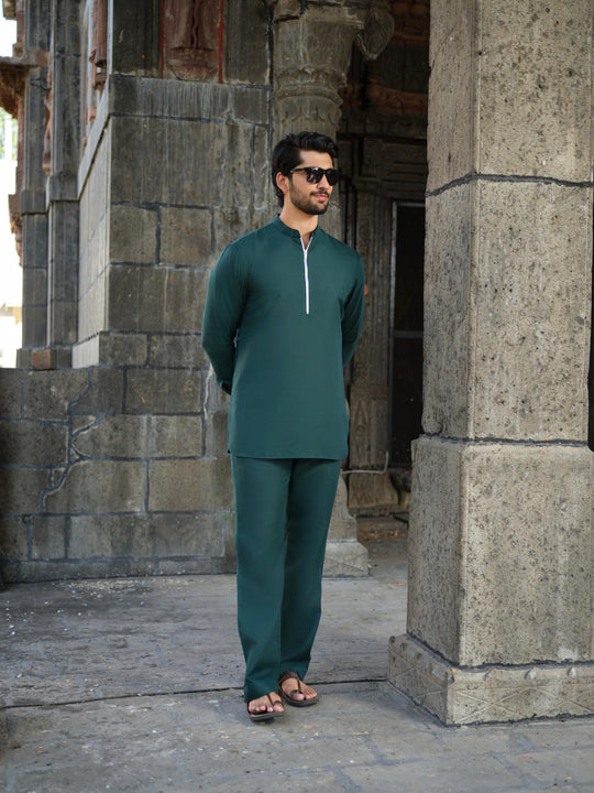 Men’s Cotton-Linen Co-ord Set – Tattva Forest (Dark Green)