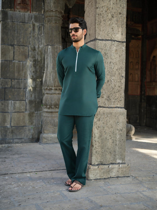 Men’s Cotton-Linen Co-ord Set – Tattva Forest (Dark Green)