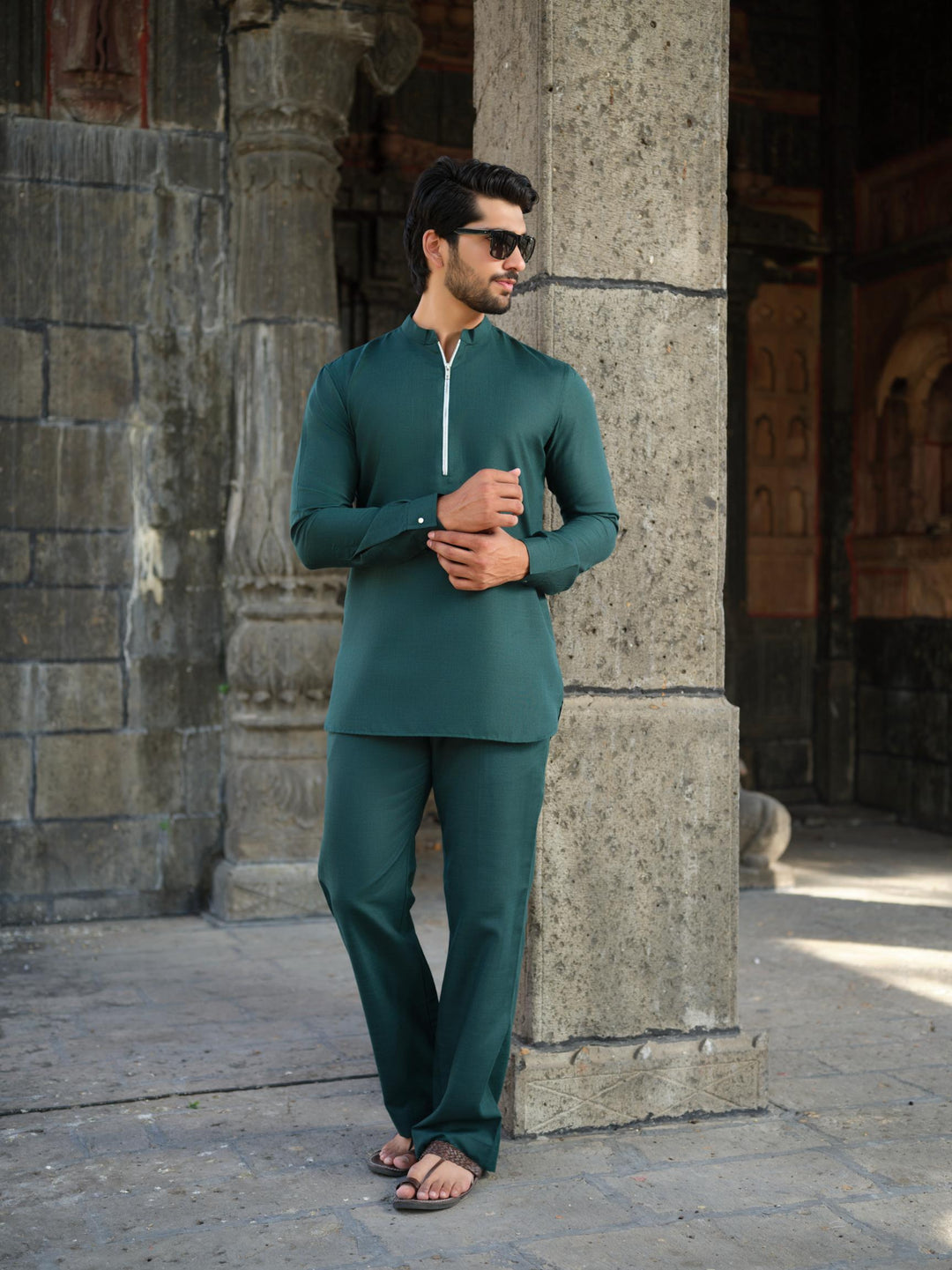 Men’s Cotton-Linen Co-ord Set – Tattva Forest (Dark Green)