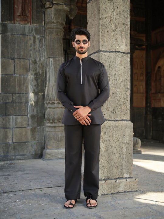 Men’s Cotton-Linen Co-ord Set – Tattva Space (Black)