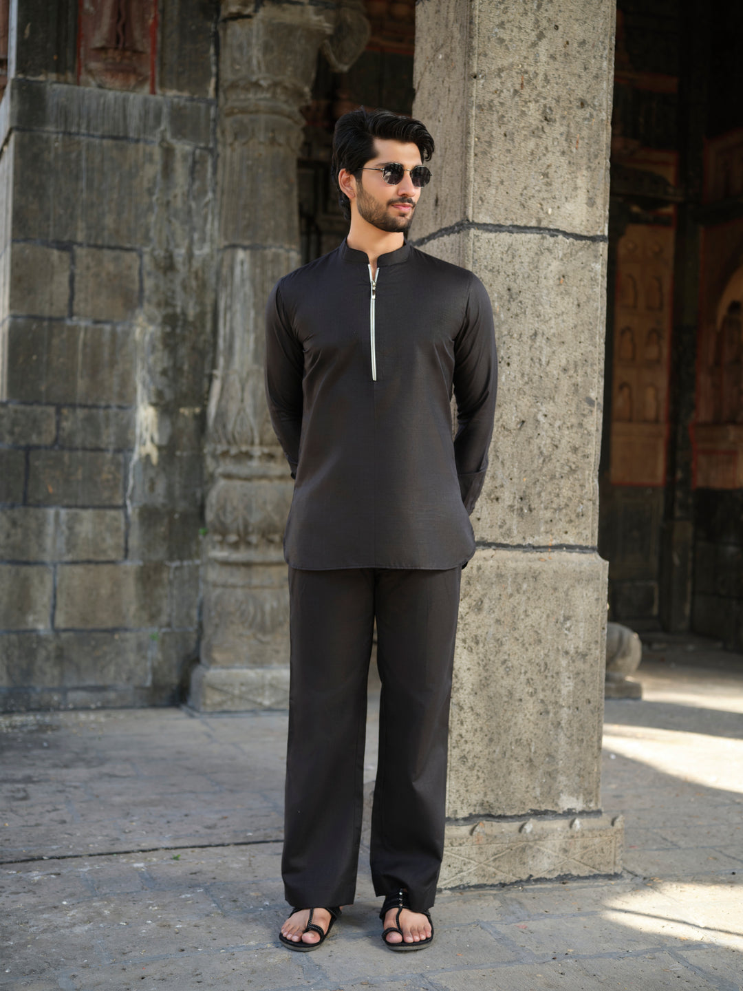 Men’s Cotton-Linen Co-ord Set – Tattva Space (Black)