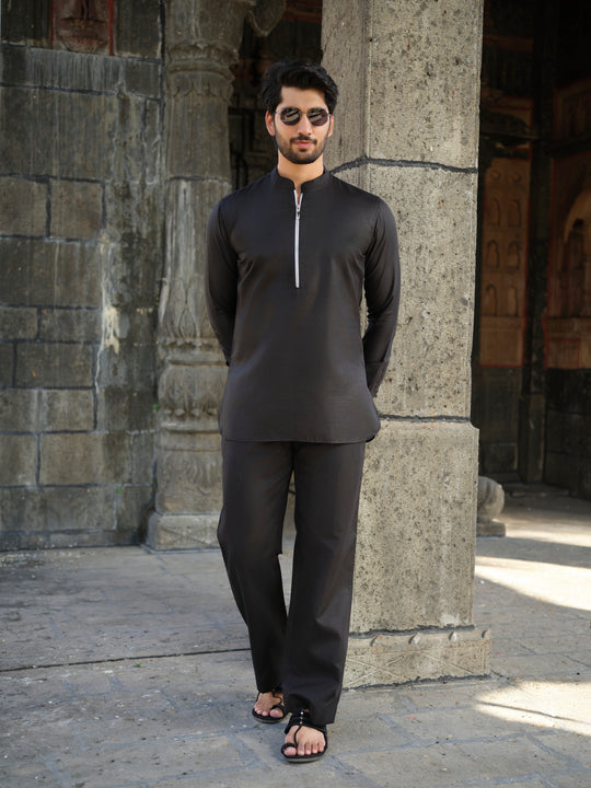 Men’s Cotton-Linen Co-ord Set – Tattva Space (Black)