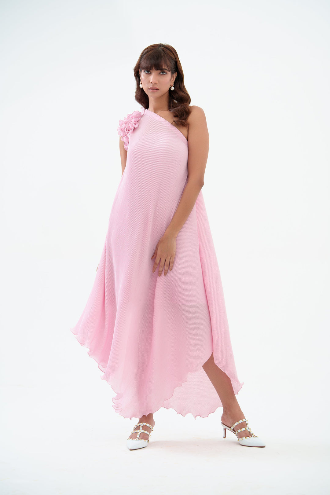 pink one shoulder maxi dress