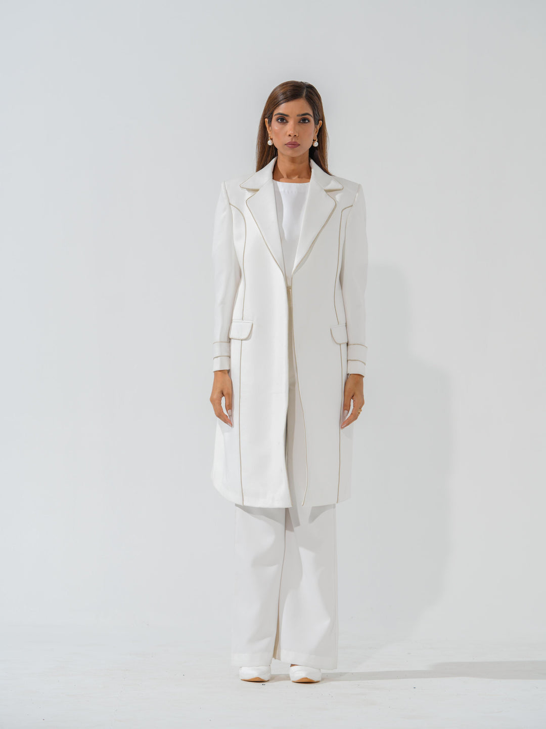 Buy Frozen Longline Coat with Gold Touch in Banana Crape
