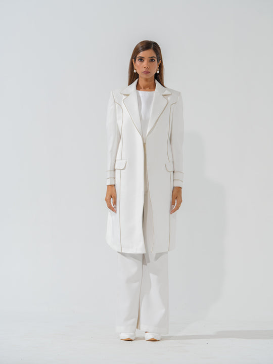 Buy Frozen Longline Coat with Gold Touch in Banana Crape