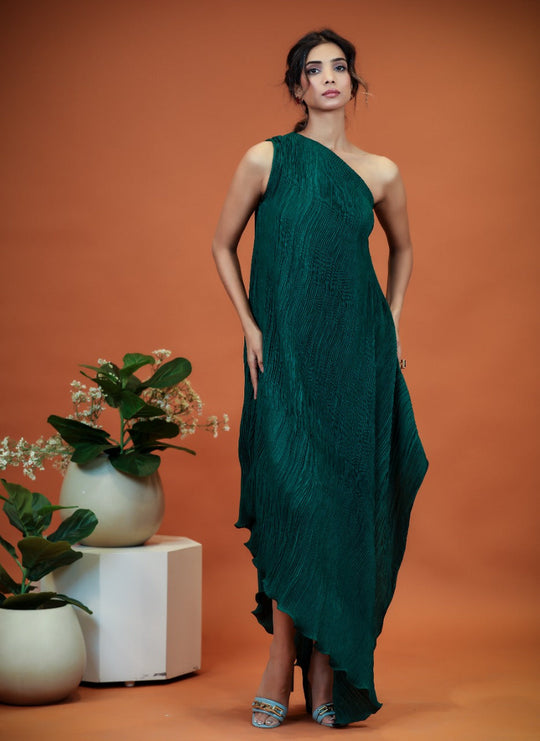 green one shoulder pleated dress