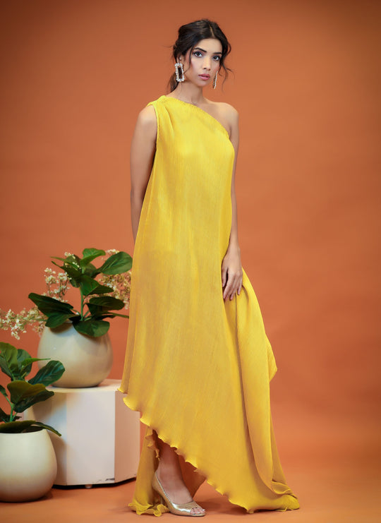yellow one shoulder dress