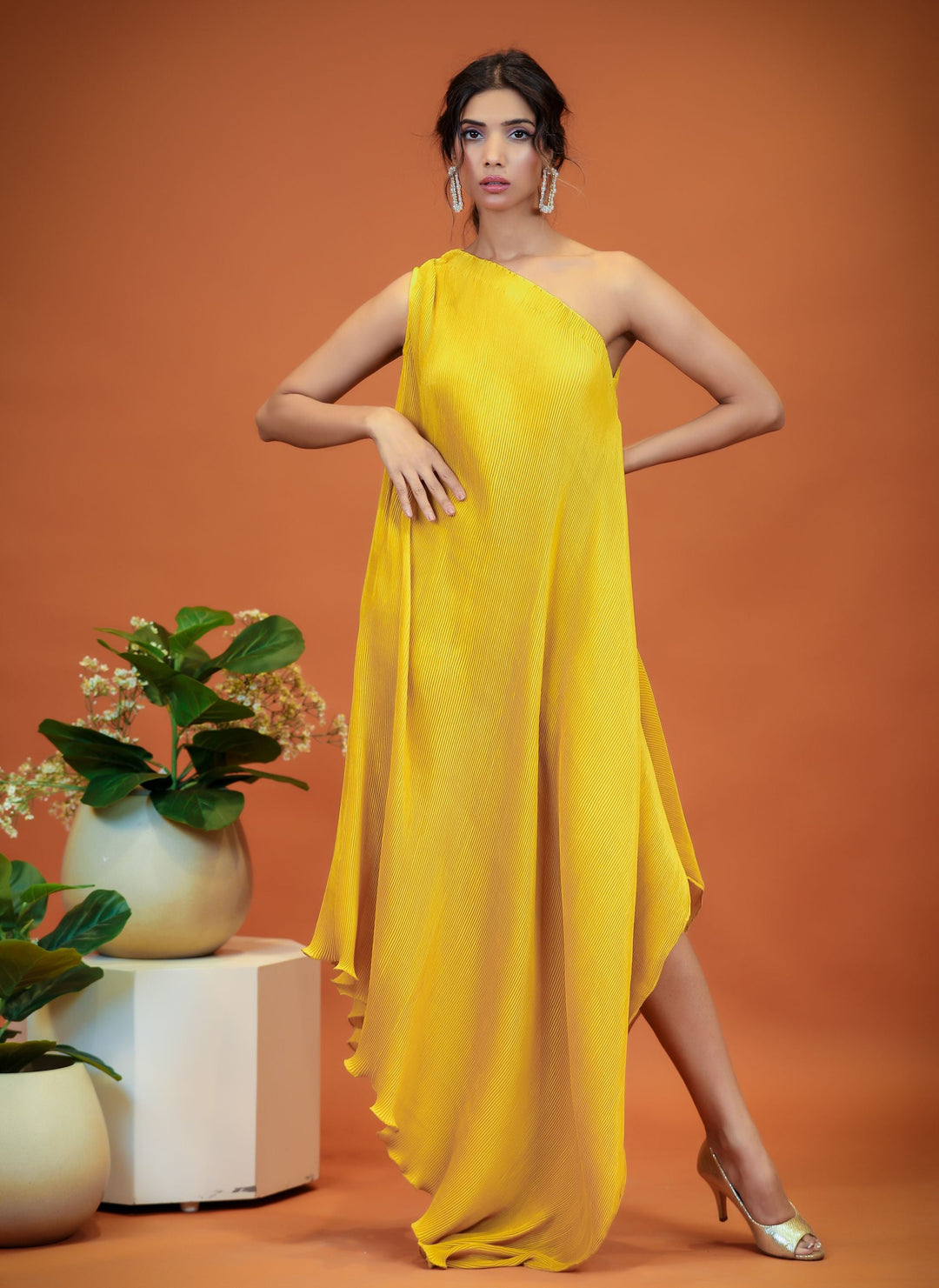 yellow one shoulder dress