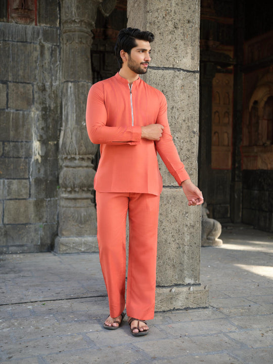 Men’s Cotton-Linen Co-ord Set – Tattva Fire (Rust Orange)