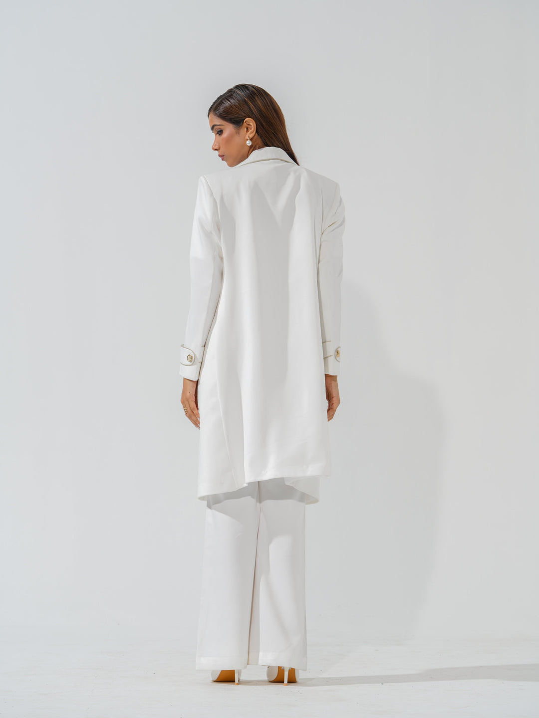 Shop Frozen Longline Coat with Gold Detail in Banana Crape