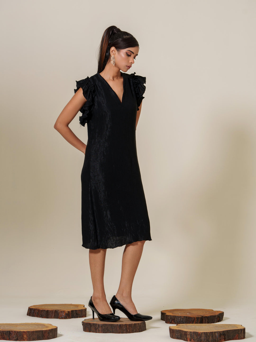 Shop Online for Scarlet Knee-Length Frilled Sleeveless Dress