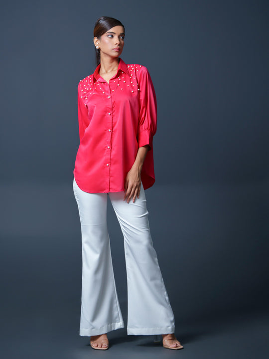 Shop Pearled Premium Satin Shirt with Pearl Shoulders Online
