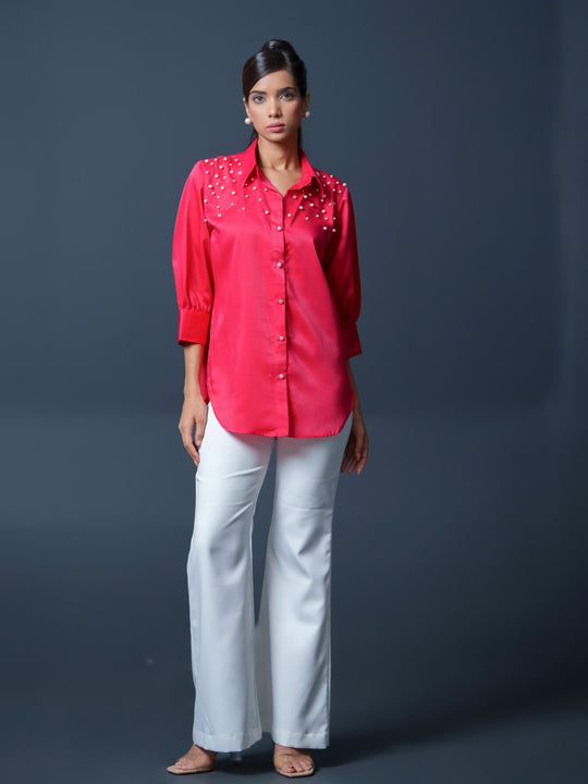 Shop Pearled Satin Shirt with Pearl Detailing for Women Online