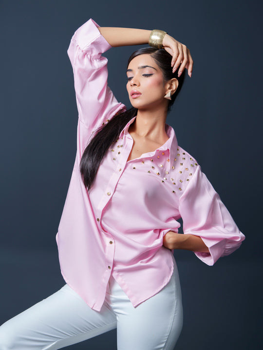 Shop Riveted Premium Satin Shirt with Rivets on Shoulder Now