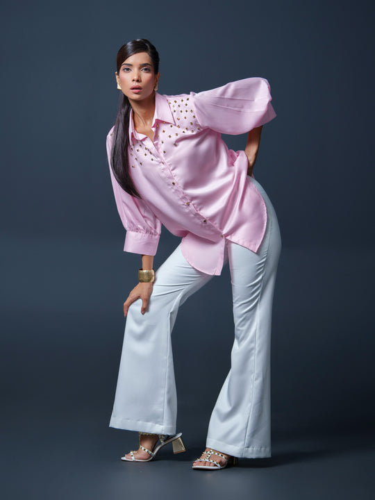 Shop Riveted Satin Shirt with Stylish Rivets on Shoulder