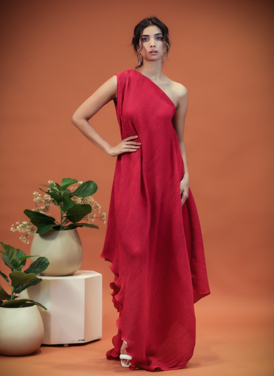 red one shoulder pleated dress