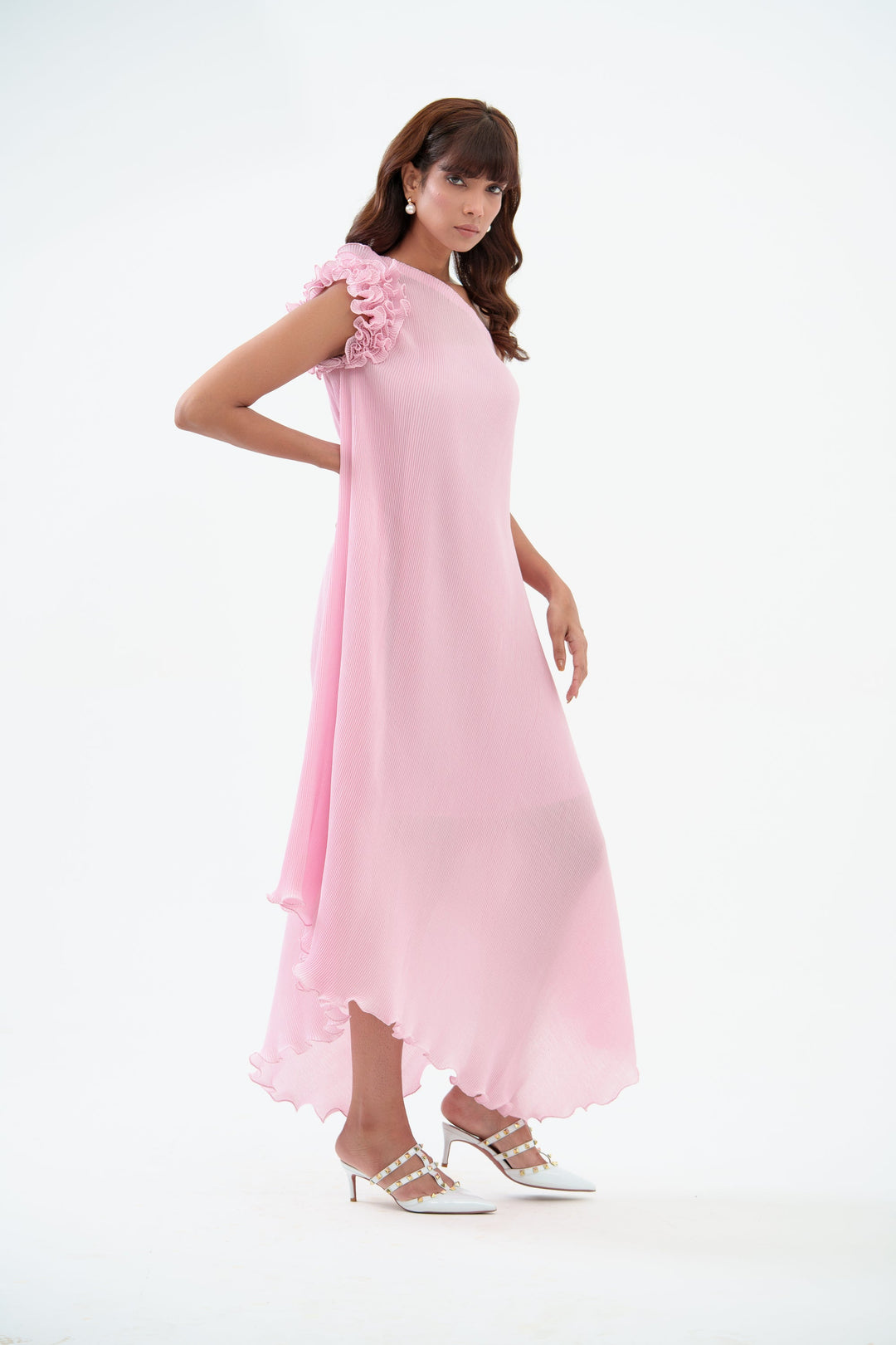 one shoulder pleated dress