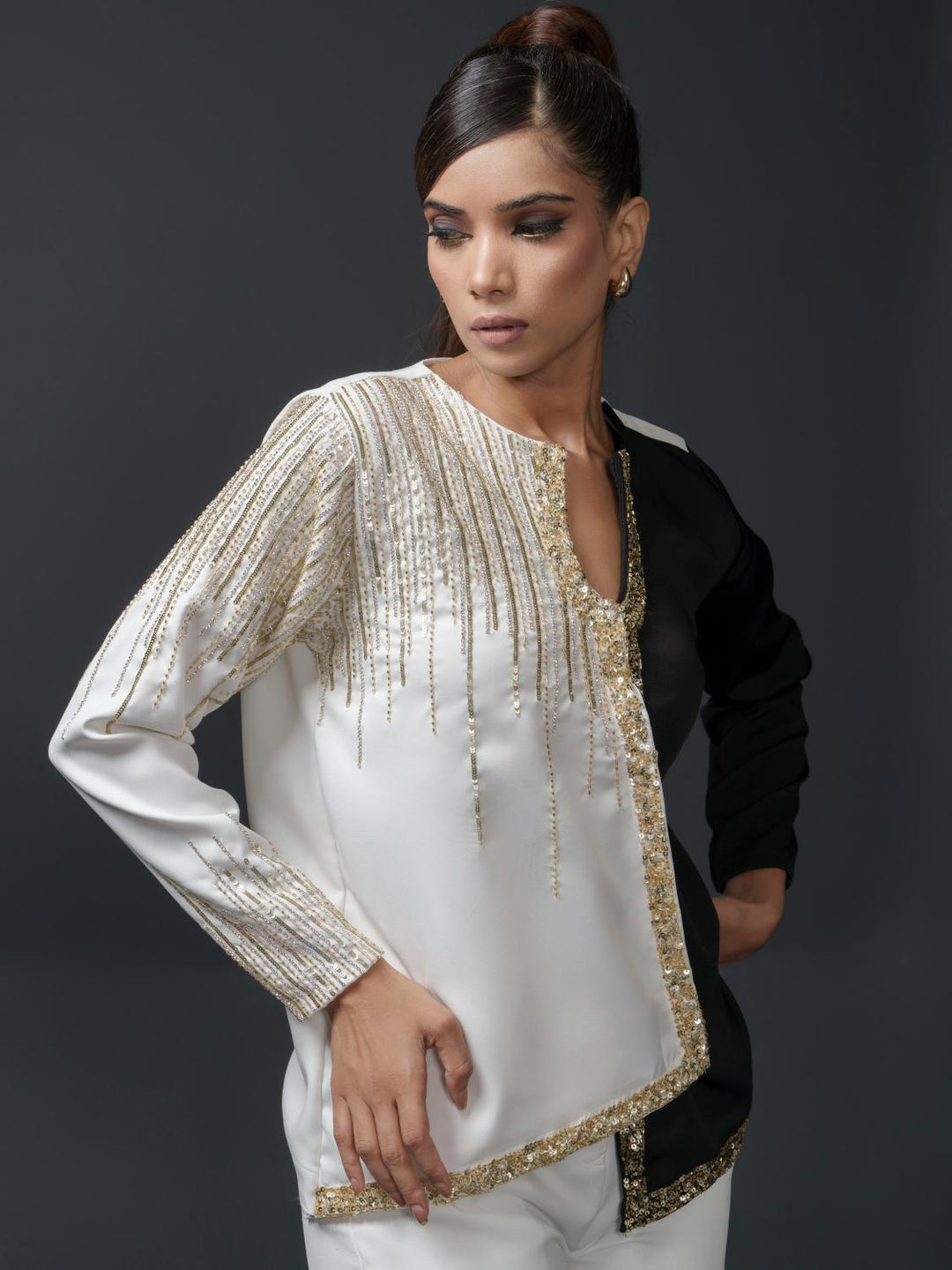 Catelyn Club Top with Detailed Handwork in Banana Lycra
