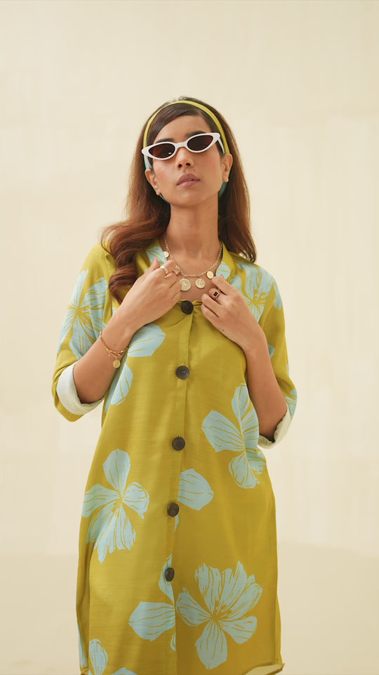 Daffodil- Printed Shirt Dress in Linen Satin