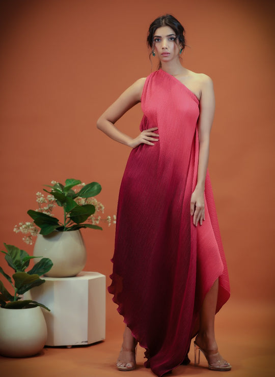 red pleated one shoulder dress